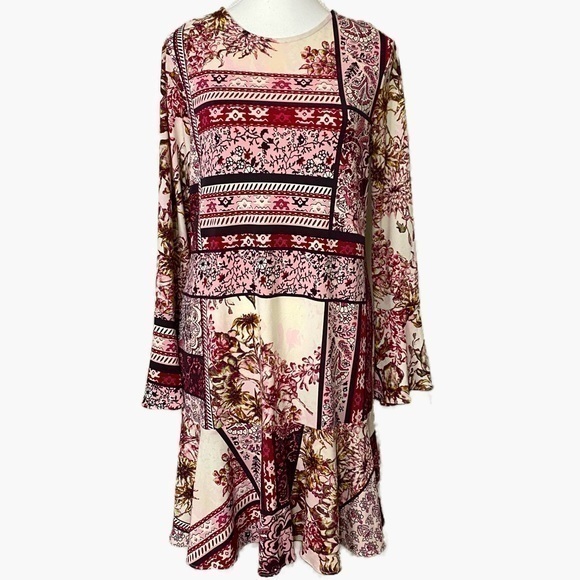 Eci cream pink floral boho stretchy ruffle dress - Picture 1 of 9